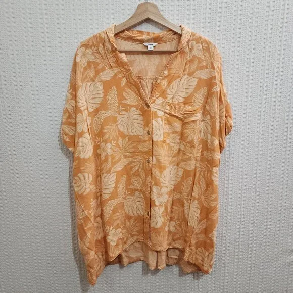 Sonoma Tropical Floral Button Front Blouse Orange Cream Plus Size 3X Rayon - Picture 2 of 12
